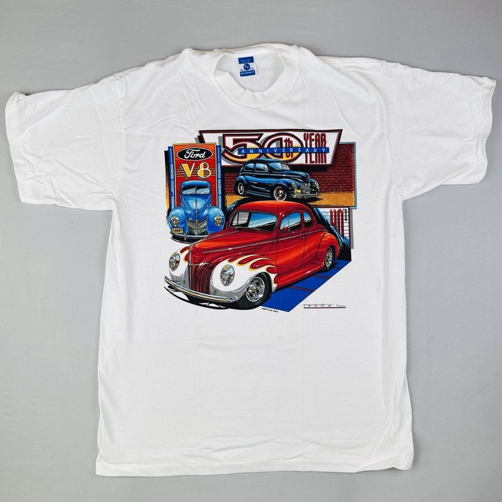 Vintage 90s Hot Rod Ford V8 50th Anniversary T Shirt XL USA Made Single Stitch